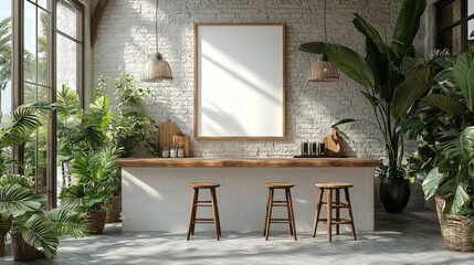 Canvas Print - Empty counter with three stools in a tropical home interior.