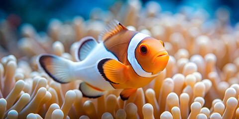 Cute white clownfish in the sea , ocean, underwater, marine life, tropical fish, colorful, swimming, coral reef, exotic, aquarium