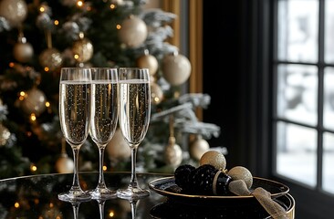 Two champagne glasses on top of a table, a Christmas tree in the background, and black and gold decorations