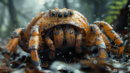 Close-Up of a Wet Spider in the Rainforest