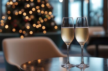 Two champagne glasses on top of a table, a Christmas tree in the background, and black and gold decorations