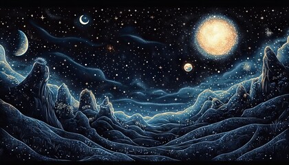 starlit alien landscape with mountains and celestial bodies