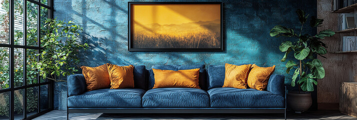 Wall Mural - Blue velvet couch in a modern living room with a  large picture of a landscape hanging above.