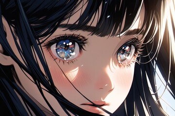 Wall Mural - A close-up of a girl's face in anime style, featuring long black hair with bangs, big eyes with elevated eyelashes, and wearing navy blue, illuminated by sunlight