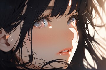 Wall Mural - A close-up of a girl's face in anime style, featuring long black hair with bangs, big eyes with elevated eyelashes, and wearing navy blue, illuminated by sunlight