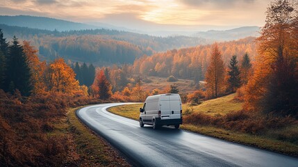 Wall Mural - White Van Driving on a Winding Road Through Autumn Foliage