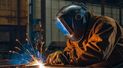 Welder in protective uniform and mask welding