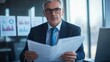 © SHI - 'Senior executive in suit reading financialin finance.regulations, focused and serious in modern office, blurred financial charts background, emphasizingcompliance and oversight in finance,