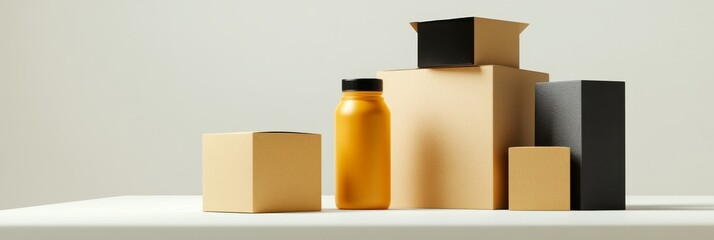 A variety of subscription boxes lined up on a white background with a golden bottle, showcasing product packaging and branding opportunities.