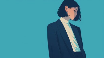 An illustration of a woman in a full-body suit, designed in a minimalist style with ample copy space, showcasing elegance and professionalism.