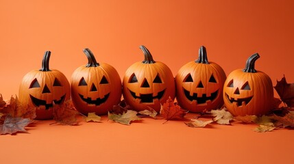 Canvas Print - Festive Halloween Pumpkin Jack-o'-Lanterns on Autumn Leaves