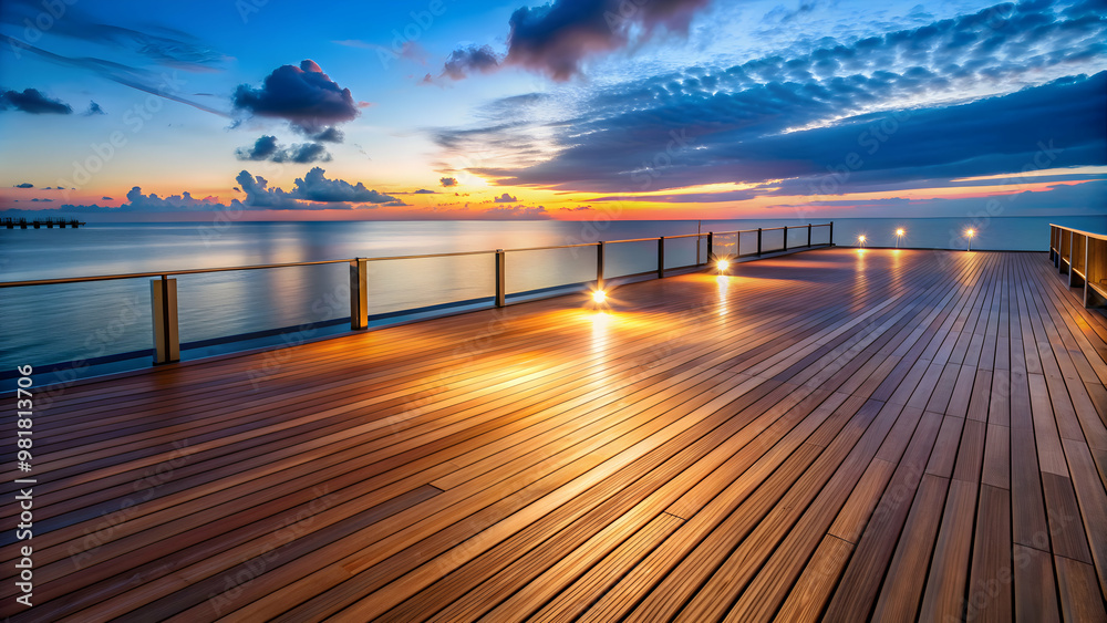 render of a scenic teak wooden deck at twilight, teak, wooden, deck ...