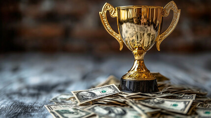 Wall Mural - A trophy sitting on top of a large pile of money, isolated on a simple background