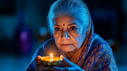 Elderly Woman Holding Diya Lamp During Diwali Festival