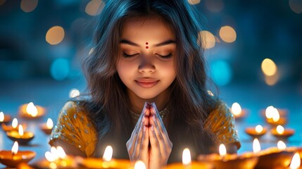 Young Woman Praying with Diya Lights During Diwali Festival