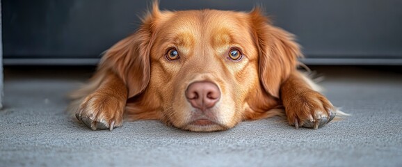 Wall Mural - Golden Retriever Dog Lying on the Floor, Looking at the Camera