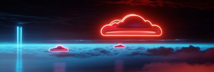 Wall Mural - Neon cloud computing symbol above a sea of clouds in a futuristic landscape representing data storage, digital transformation, and technology advancement.