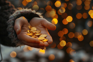 Sticker -  Hand holding golden coins against a backdrop of softly blurred festive lights, evoking a sense of generosity and warmth. 