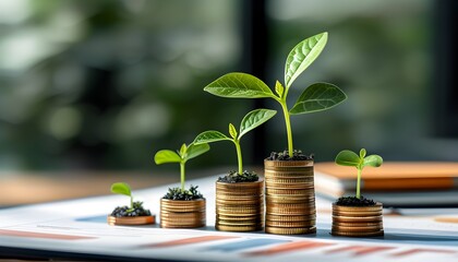 Emerging prospects for financial growth and sustainability with a young plant amid analytical charts in a tranquil office setting