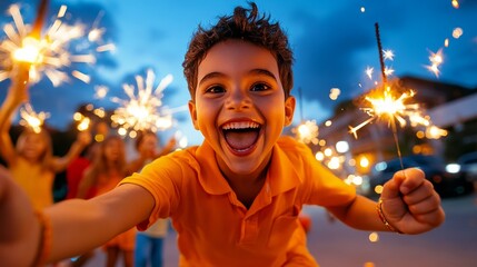 Happy Child Holding Sparklers at Night