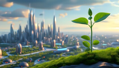 Wall Mural - Flourishing Green Sprout Against a Futuristic Skyline Symbolizing Hope and Sustainability in Urban Design