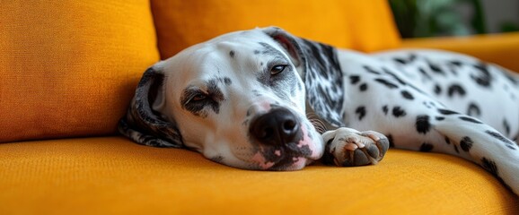 Poster - Dalmatian Dog Relaxing on a Yellow Sofa