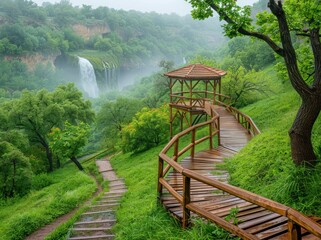 Wall Mural - Wooden Pathway Leading to a Gazebo with a Waterfall in the Background