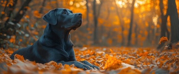 Canvas Print - Black Labrador Retriever in Autumn Forest