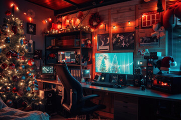 Sticker - A gamer's room thoughtfully decorated with a Christmas tree and festive lights, blending holiday spirit with modern technology.