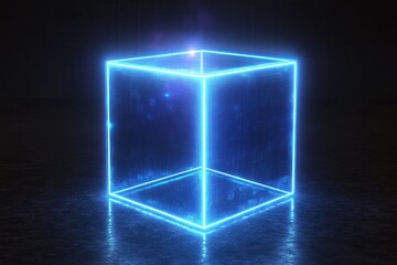 Fototapete - Glowing blue neon cube with reflection on a black surface.