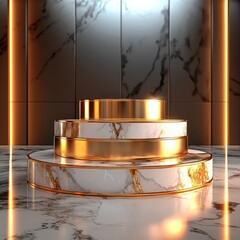 Wall Mural - Elegant golden and marble podium stage with lighting, for luxury product display or award ceremony