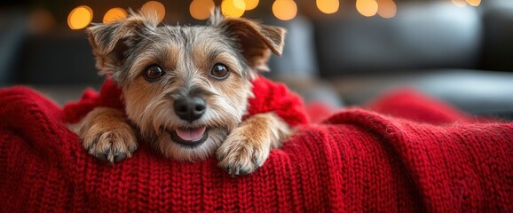 Poster - Cute Dog Relaxing on a Red Blanket