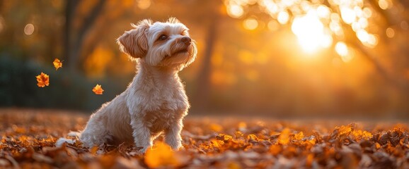 Poster - Small Dog in Autumn Leaves at Sunset