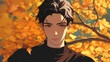 © kkkiim graphic - portrait of a handsome anime guy with striking black hair, standing in a bright autumn park