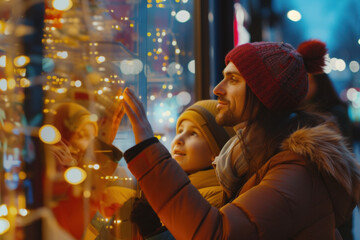 Poster -  Caucasian family enchanted by a magical Christmas window display during a festive night out.