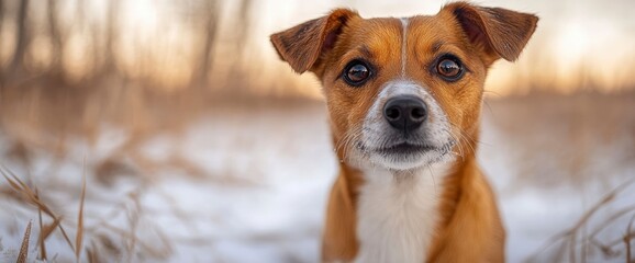 Canvas Print - Cute Dog Looking at Camera in Snowy Winter Scene