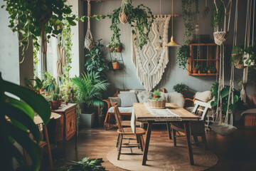 Poster - A well-decorated interior with a variety of furniture including chairs, coffee tables, and a dining table. Houseplants and flowerpots add a natural touch to the room.