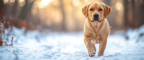 Poster - Golden Retriever Running Through Snowy Forest