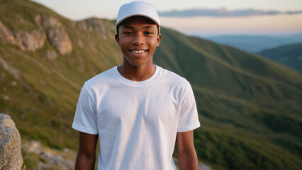 Black teenage boy wearing white t-shirt and white baseball cap standing on a mountain