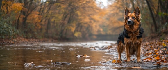 Canvas Print - German Shepherd Standing by a River in Autumn