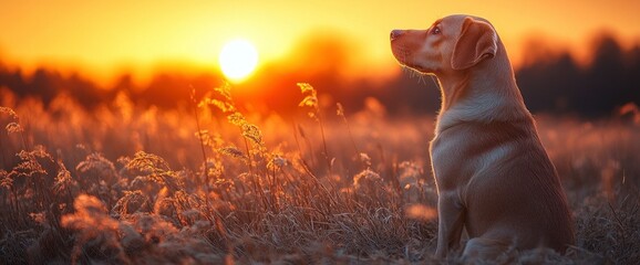 Wall Mural - Golden Retriever Dog Watching Sunset in a Field