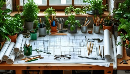 Wall Mural - Creative workspace showcasing an architects desk filled with tools, blueprints, and greenery, capturing the essence of inspiration and design innovation