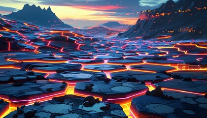 Wall Mural - Neon-Illuminated Futuristic Digital Landscape with Interconnected Hexagonal Nodes Representing Data Flow and AI Processing