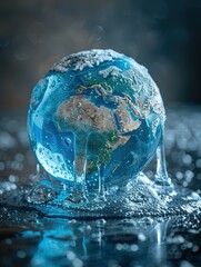 Conceptual image of a melting Earth encased in ice, symbolizing global warming and climate change impacts on our planet.