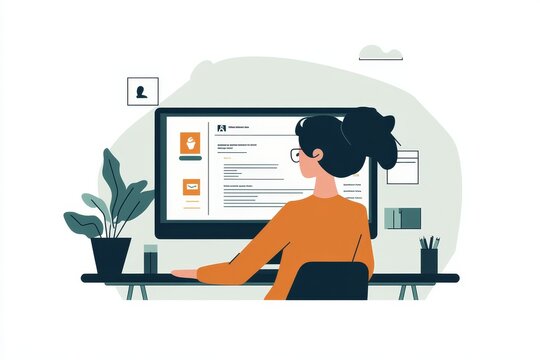 Woman working on a computer with an orange shirt.