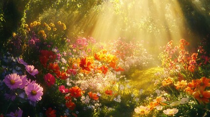 Wall Mural - Sunlit Garden with Blooming Flowers