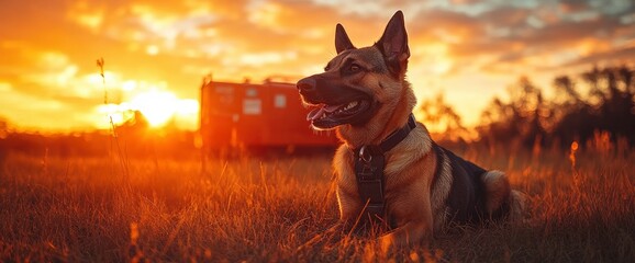 Wall Mural - German Shepherd Dog at Sunset with Golden Light