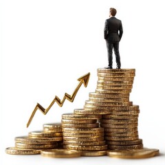 Financial Ascent: Businessman surveying a soaring golden arrow atop a stack of coins, symbolizing economic growth and investment success. 