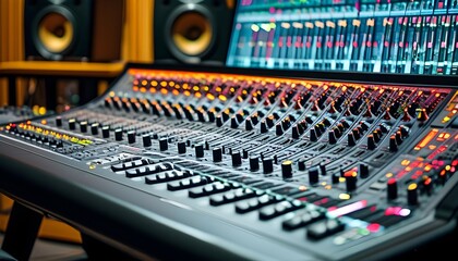 Professional audio mixing console showcasing intricate dials and digital indicators, essential for high-quality music production and editing