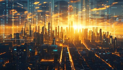 Wall Mural - Golden-lit futuristic skyline embracing technology and city life through vibrant digital data integration